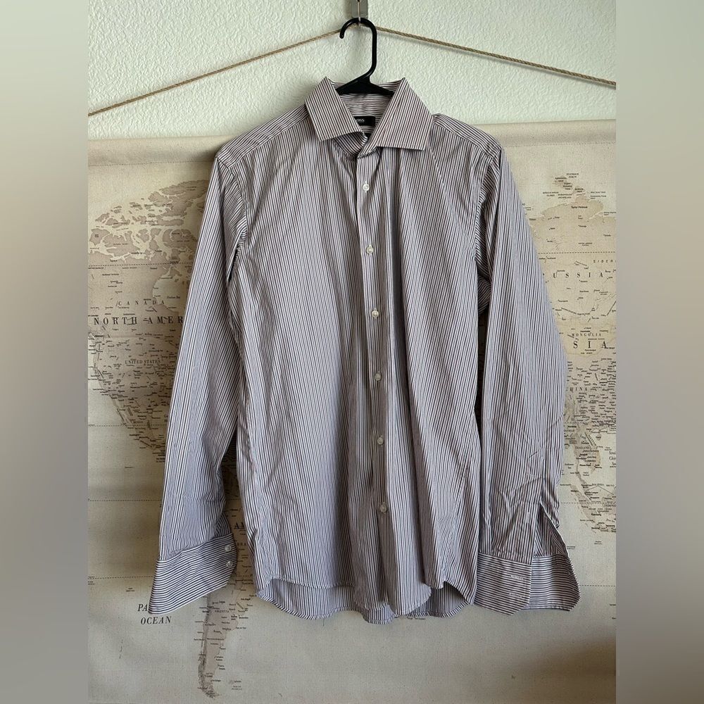Men’s Hugo Boss Pink Grey Striped long Sleeve Button Down Shirt Medium